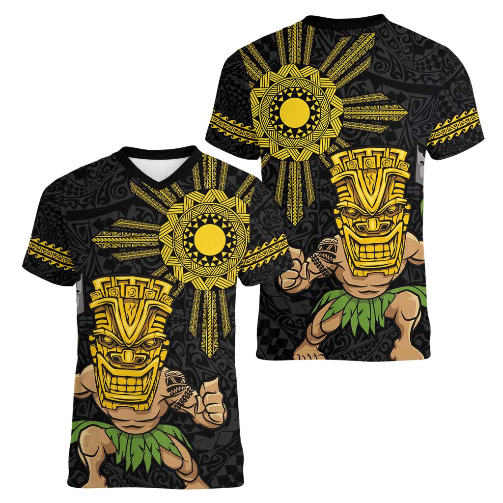 Hawaii and Philippines Together Women V-Neck T-Shirt Warrior Tiki Mask and Filipino Sun Polynesian Style