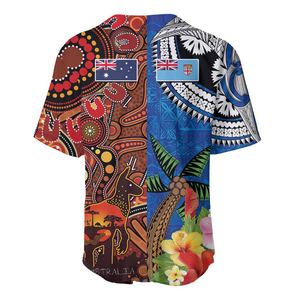 Fiji and Australia Together Baseball Jersey Fijian Tapa Plants with Kangaroo and Aboriginal - Polynesian Pride
