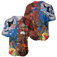 Fiji and Australia Together Baseball Jersey Fijian Tapa Plants with Kangaroo and Aboriginal - Polynesian Pride