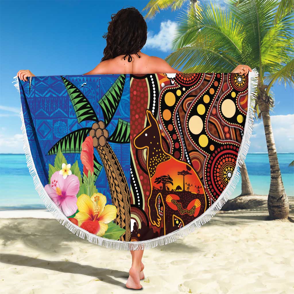 Fiji and Australia Together Beach Blanket Fijian Tapa Plants with Kangaroo and Aboriginal - Polynesian Pride