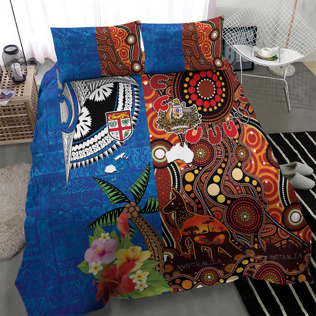 Fiji and Australia Together Bedding Set Fijian Tapa Plants with Kangaroo and Aboriginal - Polynesian Pride