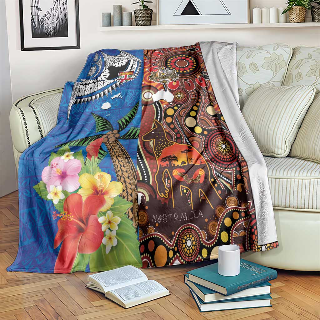 Fiji and Australia Together Blanket Fijian Tapa Plants with Kangaroo and Aboriginal - Polynesian Pride