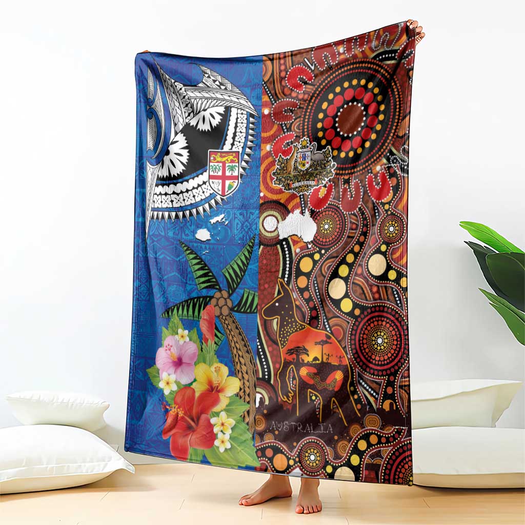 Fiji and Australia Together Blanket Fijian Tapa Plants with Kangaroo and Aboriginal - Polynesian Pride