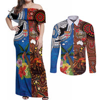 Fiji and Australia Together Couples Matching Off Shoulder Maxi Dress and Long Sleeve Button Shirt Fijian Tapa Plants with Kangaroo and Aboriginal - Polynesian Pride