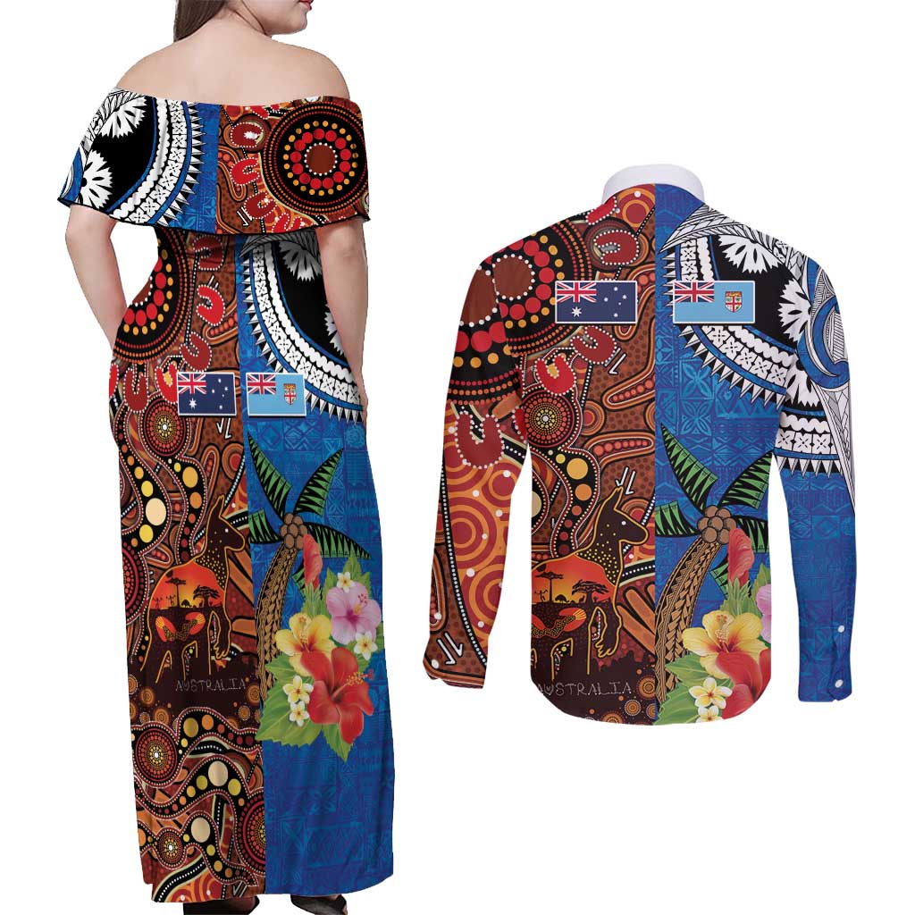 Fiji and Australia Together Couples Matching Off Shoulder Maxi Dress and Long Sleeve Button Shirt Fijian Tapa Plants with Kangaroo and Aboriginal - Polynesian Pride