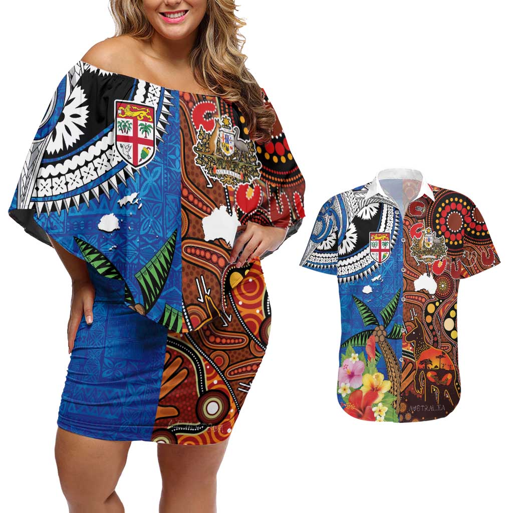Fiji and Australia Together Couples Matching Off Shoulder Short Dress and Hawaiian Shirt Fijian Tapa Plants with Kangaroo and Aboriginal - Polynesian Pride