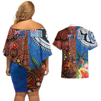 Fiji and Australia Together Couples Matching Off Shoulder Short Dress and Hawaiian Shirt Fijian Tapa Plants with Kangaroo and Aboriginal - Polynesian Pride