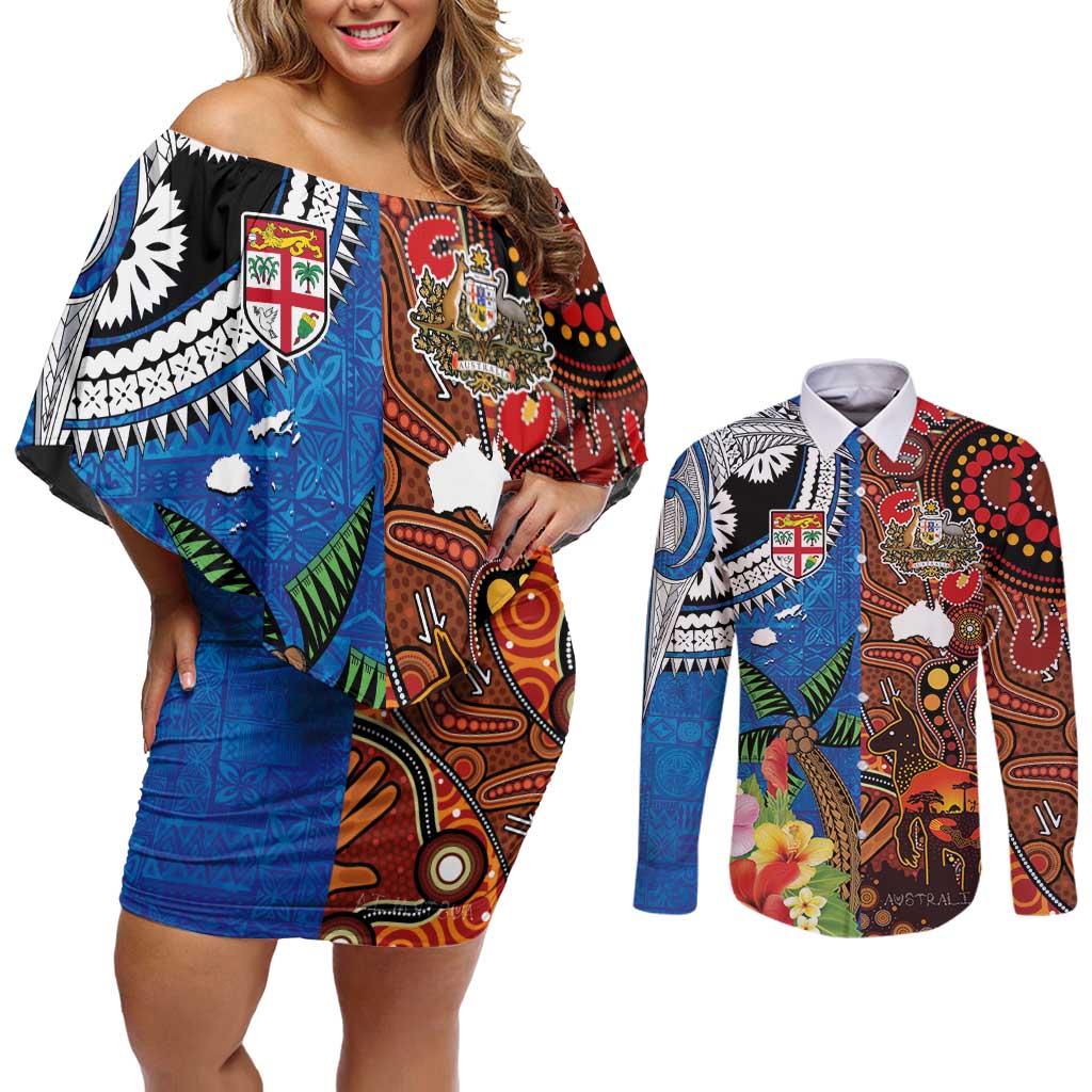 Fiji and Australia Together Couples Matching Off Shoulder Short Dress and Long Sleeve Button Shirt Fijian Tapa Plants with Kangaroo and Aboriginal - Polynesian Pride