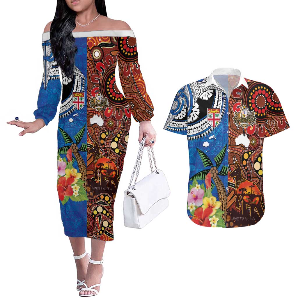 Fiji and Australia Together Couples Matching Off The Shoulder Long Sleeve Dress and Hawaiian Shirt Fijian Tapa Plants with Kangaroo and Aboriginal - Polynesian Pride