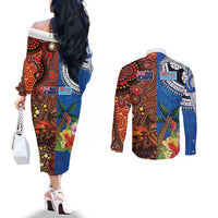 Fiji and Australia Together Couples Matching Off The Shoulder Long Sleeve Dress and Long Sleeve Button Shirt Fijian Tapa Plants with Kangaroo and Aboriginal - Polynesian Pride