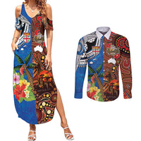 Fiji and Australia Together Couples Matching Summer Maxi Dress and Long Sleeve Button Shirt Fijian Tapa Plants with Kangaroo and Aboriginal - Polynesian Pride