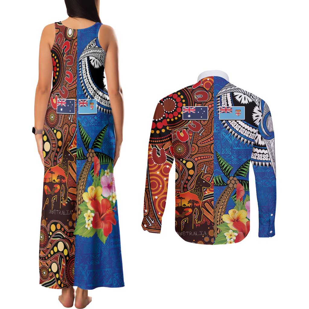 Fiji and Australia Together Couples Matching Tank Maxi Dress and Long Sleeve Button Shirt Fijian Tapa Plants with Kangaroo and Aboriginal - Polynesian Pride