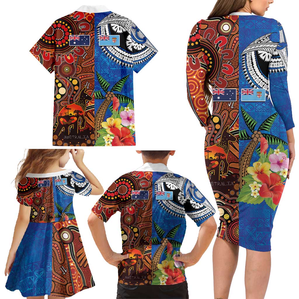 Fiji and Australia Together Family Matching Long Sleeve Bodycon Dress and Hawaiian Shirt Fijian Tapa Plants with Kangaroo and Aboriginal - Polynesian Pride