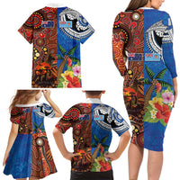 Fiji and Australia Together Family Matching Long Sleeve Bodycon Dress and Hawaiian Shirt Fijian Tapa Plants with Kangaroo and Aboriginal - Polynesian Pride