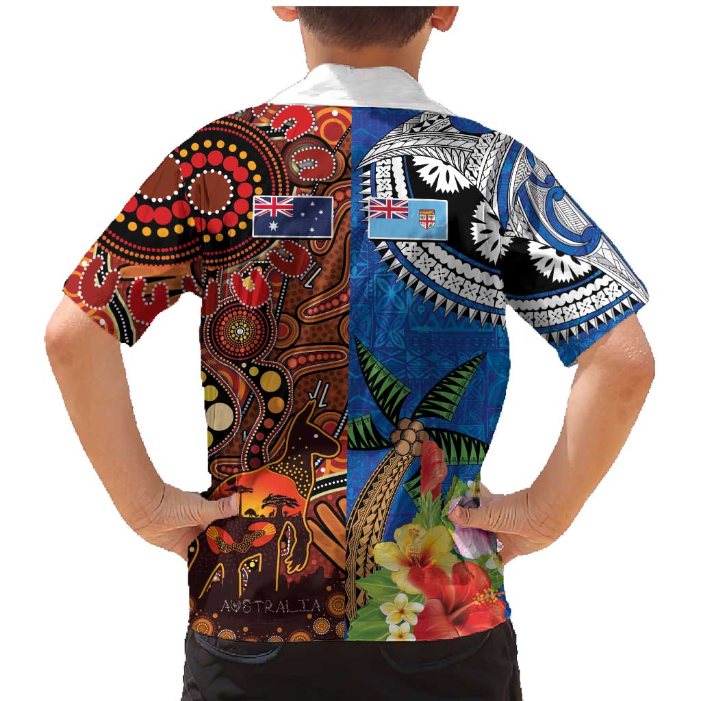 Fiji and Australia Together Family Matching Mermaid Dress and Hawaiian Shirt Fijian Tapa Plants with Kangaroo and Aboriginal - Polynesian Pride