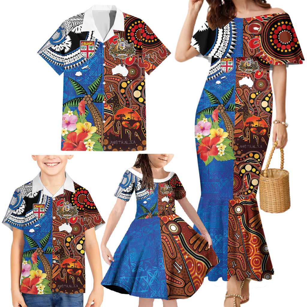 Fiji and Australia Together Family Matching Mermaid Dress and Hawaiian Shirt Fijian Tapa Plants with Kangaroo and Aboriginal - Polynesian Pride