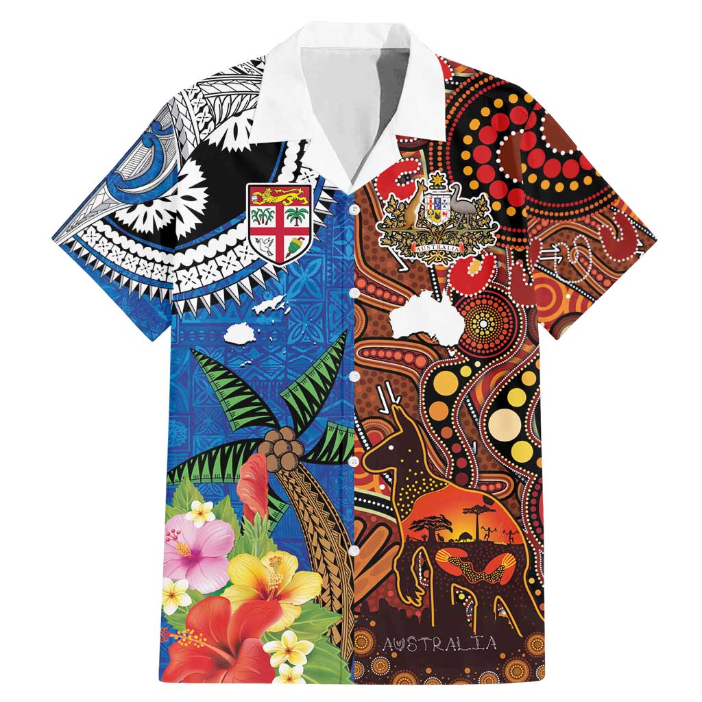Fiji and Australia Together Family Matching Mermaid Dress and Hawaiian Shirt Fijian Tapa Plants with Kangaroo and Aboriginal - Polynesian Pride