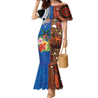 Fiji and Australia Together Family Matching Mermaid Dress and Hawaiian Shirt Fijian Tapa Plants with Kangaroo and Aboriginal - Polynesian Pride