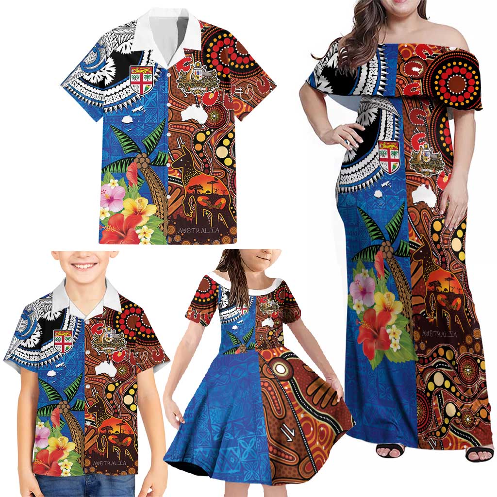 Fiji and Australia Together Family Matching Off Shoulder Maxi Dress and Hawaiian Shirt Fijian Tapa Plants with Kangaroo and Aboriginal - Polynesian Pride