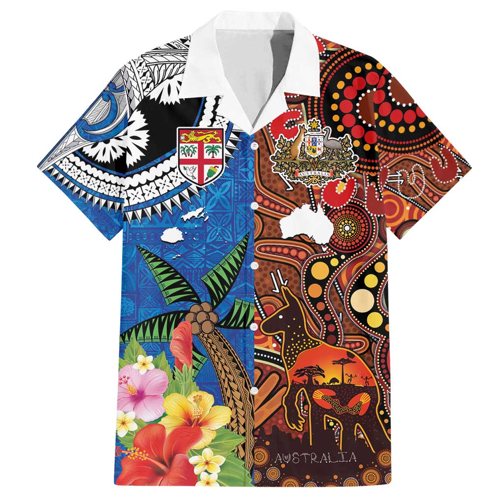 Fiji and Australia Together Family Matching Off Shoulder Maxi Dress and Hawaiian Shirt Fijian Tapa Plants with Kangaroo and Aboriginal - Polynesian Pride