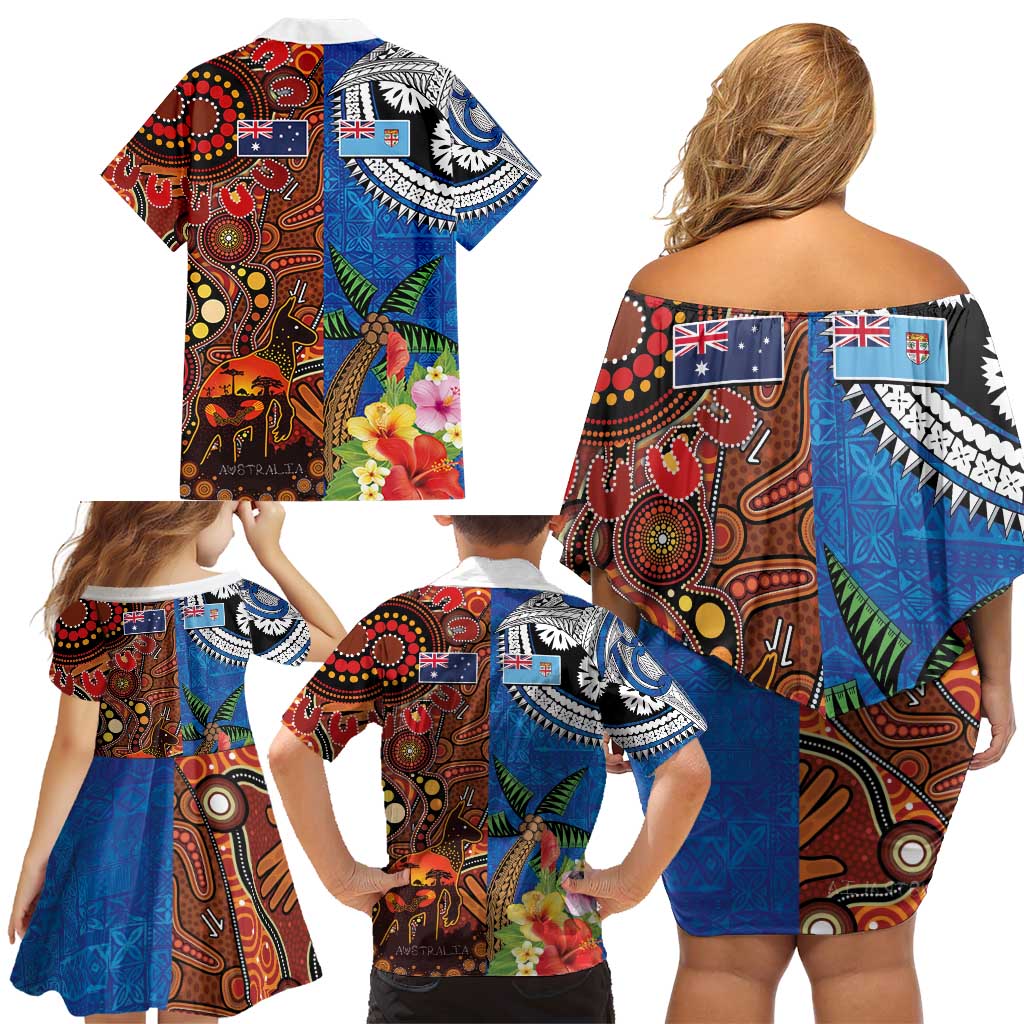 Fiji and Australia Together Family Matching Off Shoulder Short Dress and Hawaiian Shirt Fijian Tapa Plants with Kangaroo and Aboriginal - Polynesian Pride