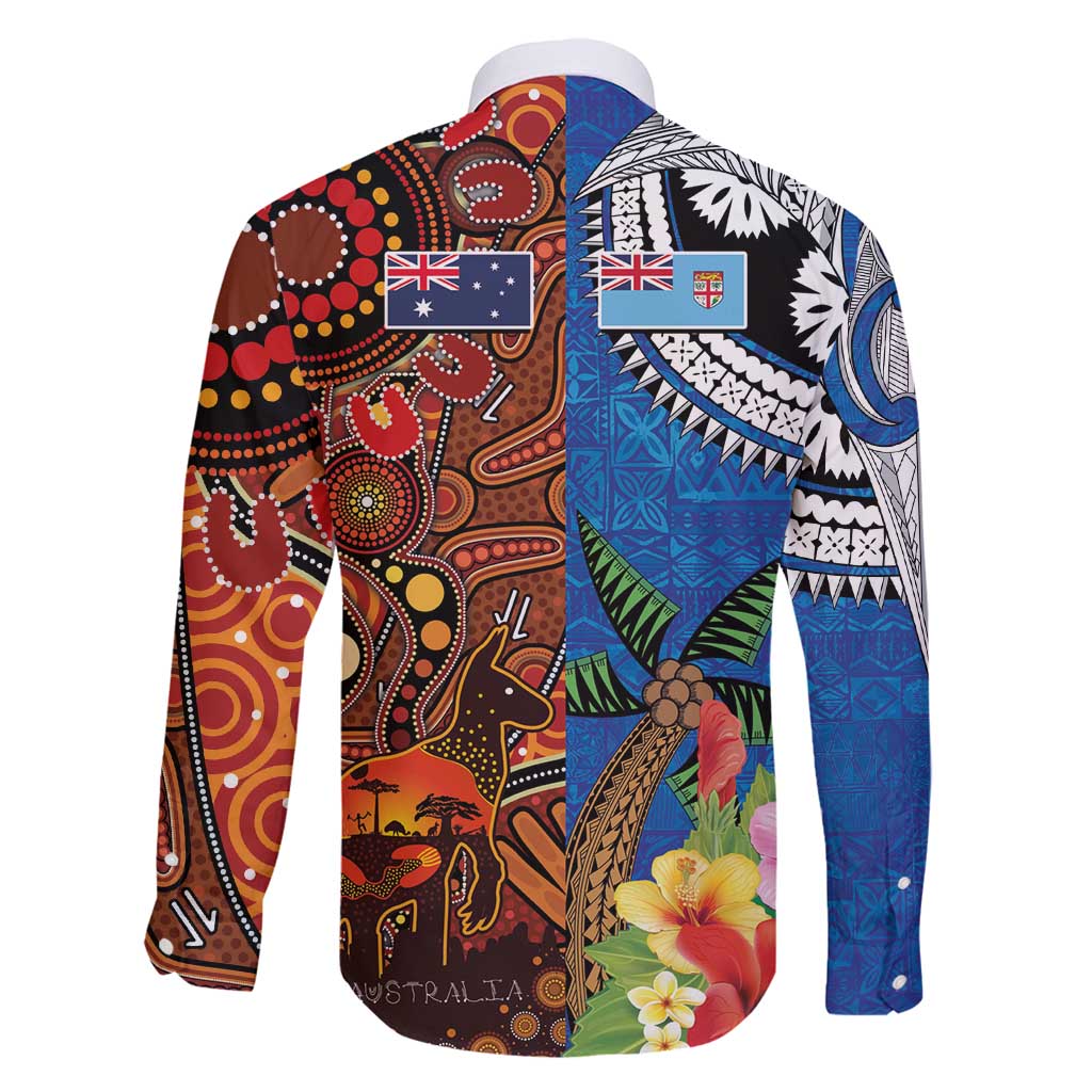 Fiji and Australia Together Family Matching Puletasi and Hawaiian Shirt Fijian Tapa Plants with Kangaroo and Aboriginal - Polynesian Pride