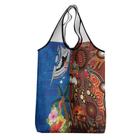 Fiji and Australia Together Grocery Bag Fijian Tapa Plants with Kangaroo and Aboriginal - Polynesian Pride