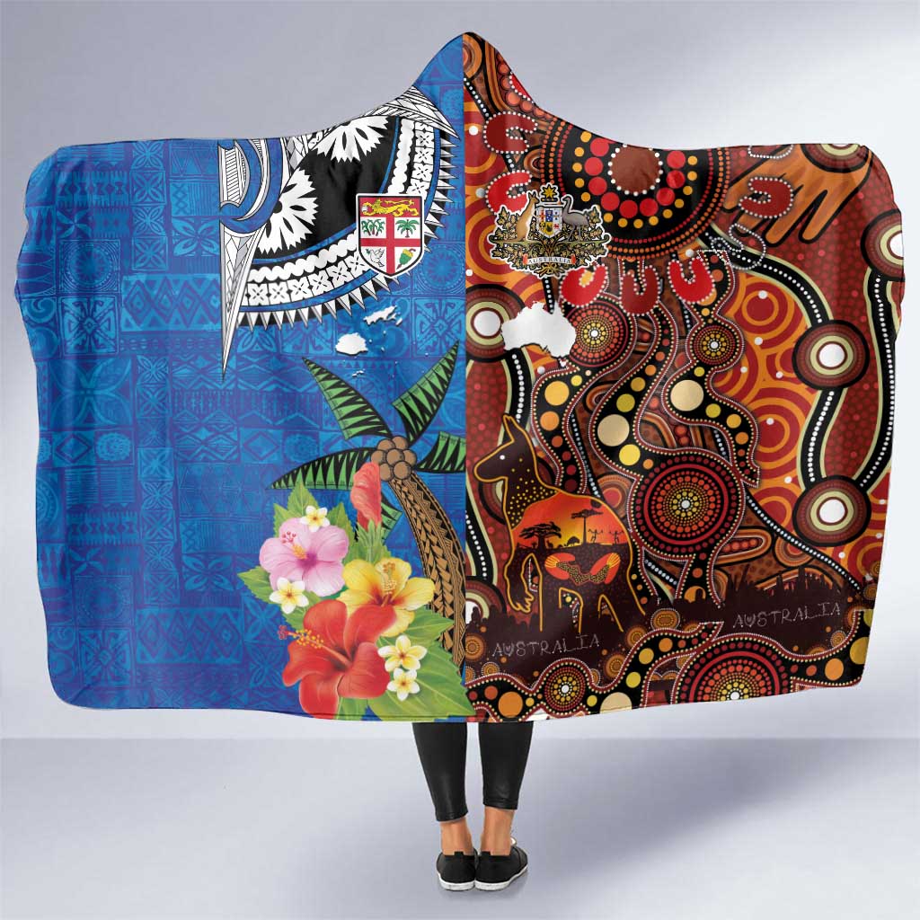 Fiji and Australia Together Hooded Blanket Fijian Tapa Plants with Kangaroo and Aboriginal - Polynesian Pride