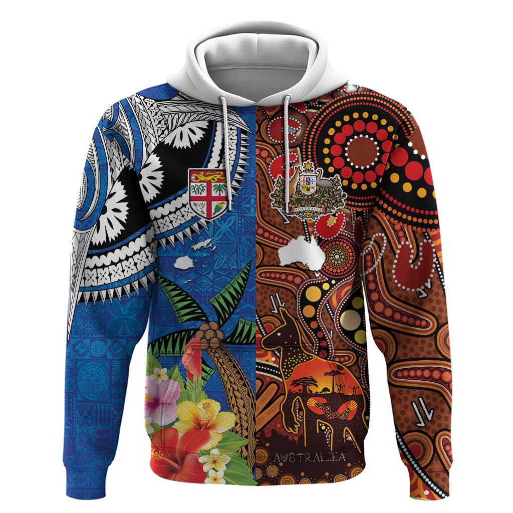 Fiji and Australia Together Hoodie Fijian Tapa Plants with Kangaroo and Aboriginal - Polynesian Pride