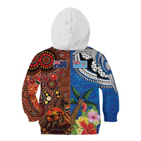 Fiji and Australia Together Kid Hoodie Fijian Tapa Plants with Kangaroo and Aboriginal - Polynesian Pride