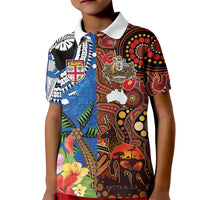 Fiji and Australia Together Kid Polo Shirt Fijian Tapa Plants with Kangaroo and Aboriginal - Polynesian Pride