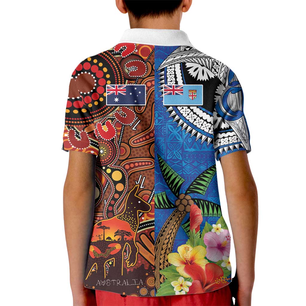 Fiji and Australia Together Kid Polo Shirt Fijian Tapa Plants with Kangaroo and Aboriginal - Polynesian Pride