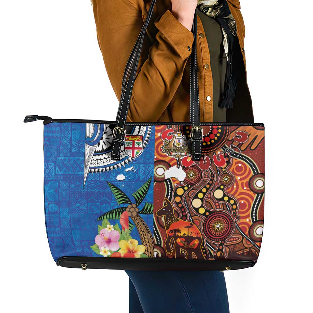 Fiji and Australia Together Leather Tote Bag Fijian Tapa Plants with Kangaroo and Aboriginal - Polynesian Pride