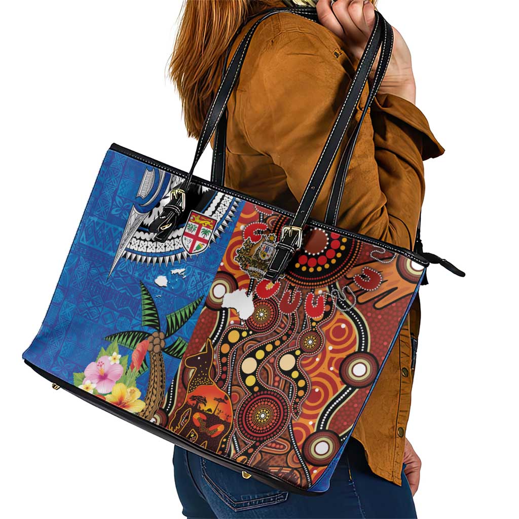 Fiji and Australia Together Leather Tote Bag Fijian Tapa Plants with Kangaroo and Aboriginal - Polynesian Pride