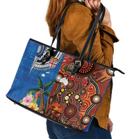 Fiji and Australia Together Leather Tote Bag Fijian Tapa Plants with Kangaroo and Aboriginal - Polynesian Pride