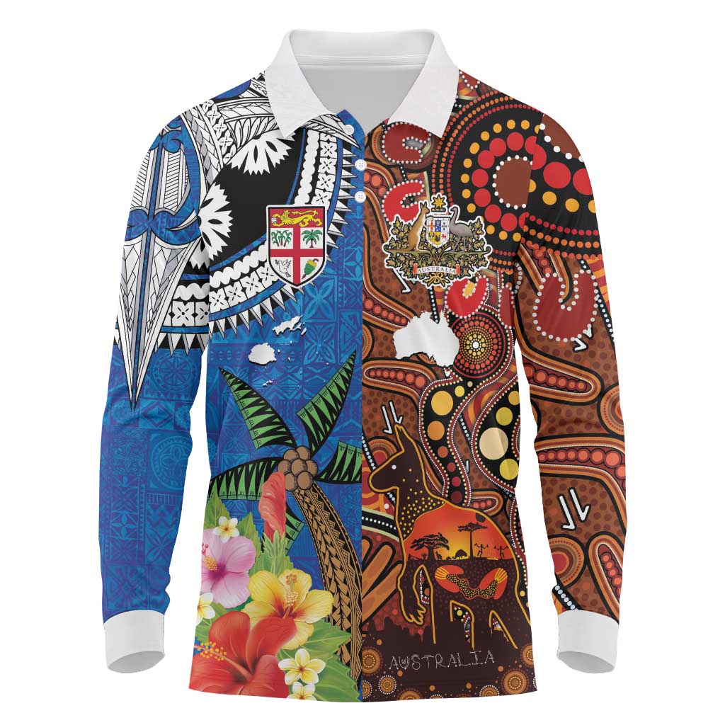 Fiji and Australia Together Long Sleeve Polo Shirt Fijian Tapa Plants with Kangaroo and Aboriginal - Polynesian Pride