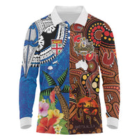 Fiji and Australia Together Long Sleeve Polo Shirt Fijian Tapa Plants with Kangaroo and Aboriginal - Polynesian Pride