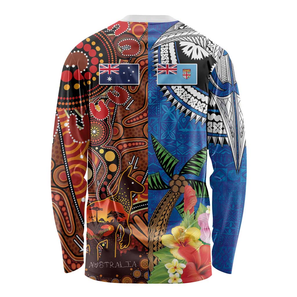 Fiji and Australia Together Long Sleeve Shirt Fijian Tapa Plants with Kangaroo and Aboriginal - Polynesian Pride