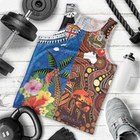 Fiji and Australia Together Men Tank Top Fijian Tapa Plants with Kangaroo and Aboriginal - Polynesian Pride