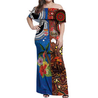 Fiji and Australia Together Off Shoulder Maxi Dress Fijian Tapa Plants with Kangaroo and Aboriginal - Polynesian Pride