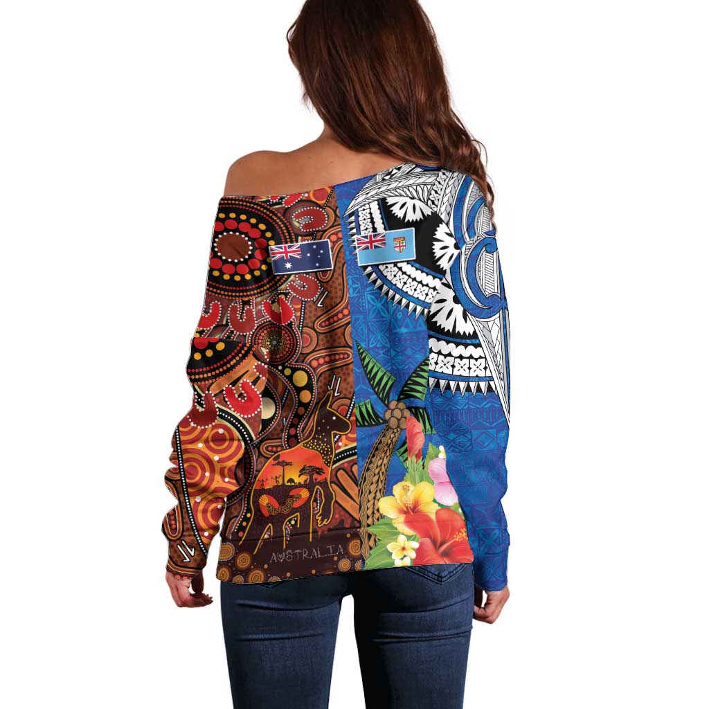 Fiji and Australia Together Off Shoulder Sweater Fijian Tapa Plants with Kangaroo and Aboriginal - Polynesian Pride