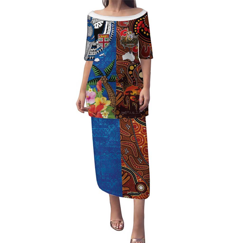 Fiji and Australia Together Puletasi Fijian Tapa Plants with Kangaroo and Aboriginal - Polynesian Pride