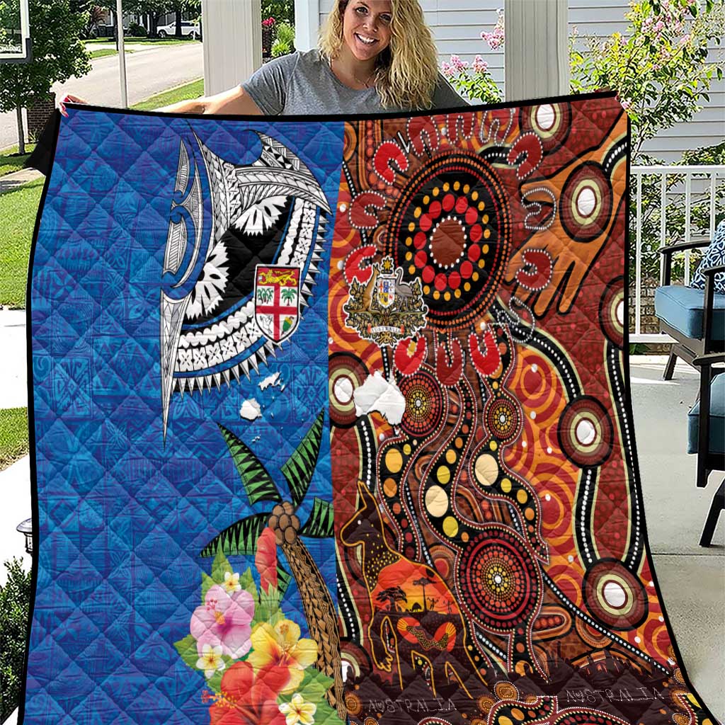 Fiji and Australia Together Quilt Fijian Tapa Plants with Kangaroo and Aboriginal - Polynesian Pride