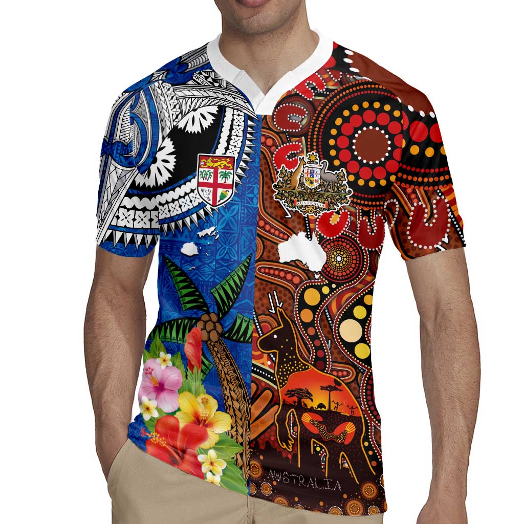 Fiji and Australia Together Rugby Jersey Fijian Tapa Plants with Kangaroo and Aboriginal - Polynesian Pride