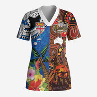 Fiji and Australia Together Scrub Top Fijian Tapa Plants with Kangaroo and Aboriginal - Polynesian Pride