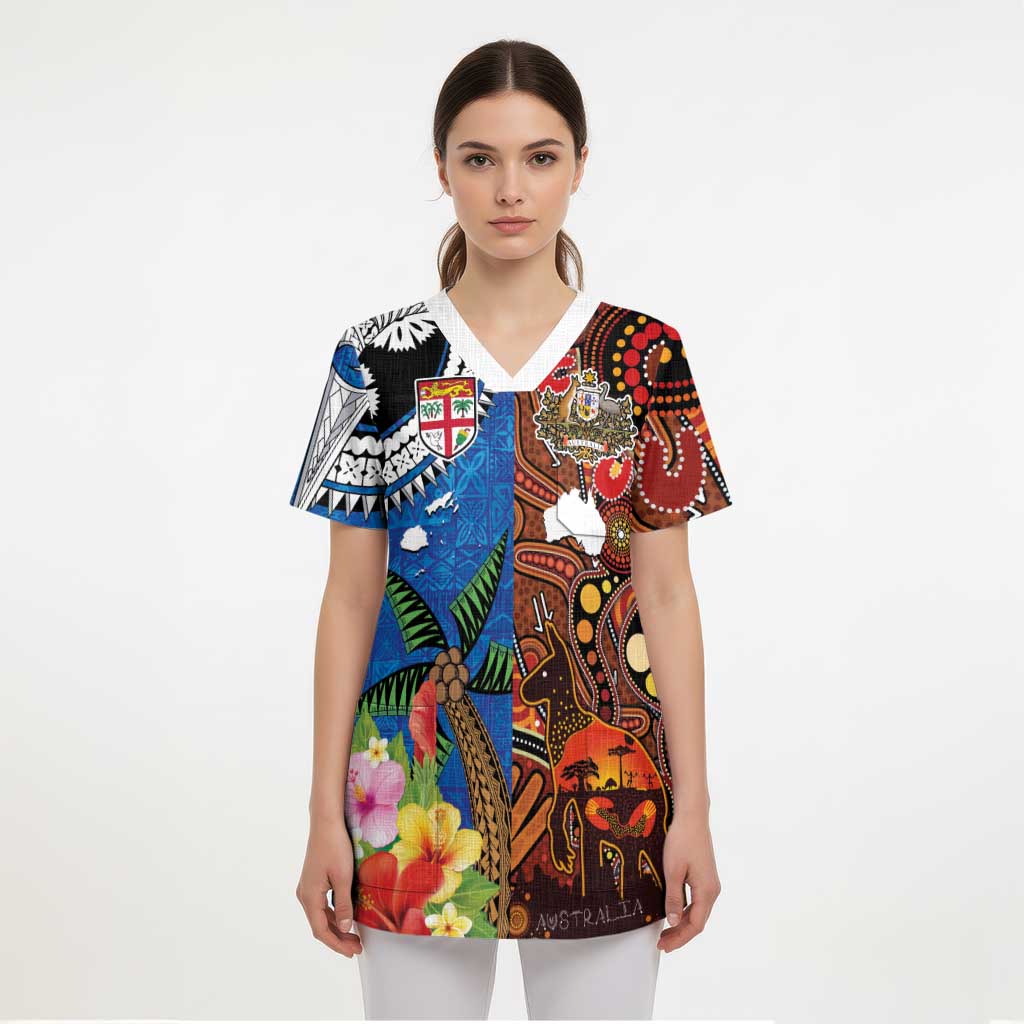 Fiji and Australia Together Scrub Top Fijian Tapa Plants with Kangaroo and Aboriginal - Polynesian Pride