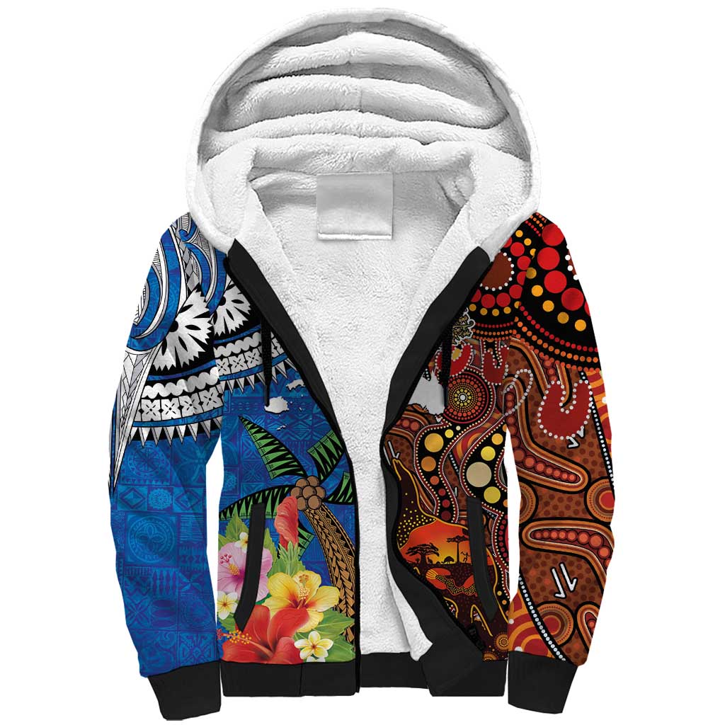 Fiji and Australia Together Sherpa Hoodie Fijian Tapa Plants with Kangaroo and Aboriginal - Polynesian Pride