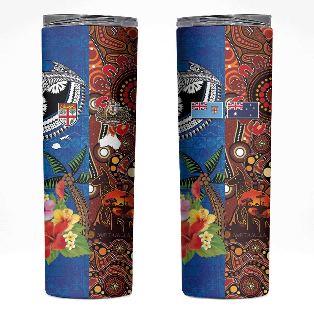 Fiji and Australia Together Skinny Tumbler Fijian Tapa Plants with Kangaroo and Aboriginal - Polynesian Pride