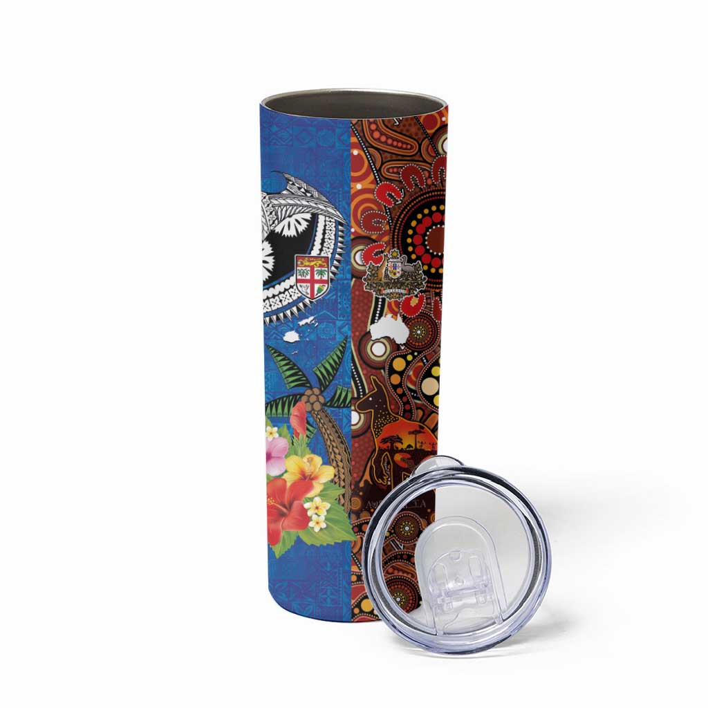 Fiji and Australia Together Skinny Tumbler Fijian Tapa Plants with Kangaroo and Aboriginal - Polynesian Pride