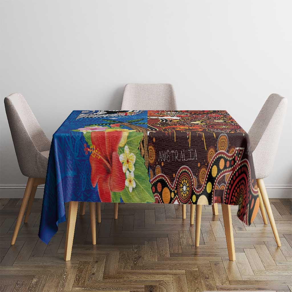 Fiji and Australia Together Tablecloth Fijian Tapa Plants with Kangaroo and Aboriginal - Polynesian Pride